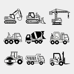 Construction vehicles and heavy machinery illustrations for engineering, building, and industrial projects, perfect for design needs