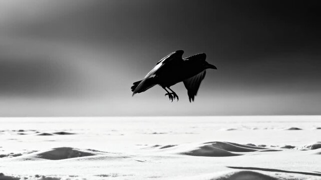 silhouette of single crow in flight over snowy open landscape, dramatic sky gradient, minimalist composition, perfect for winter solstice
