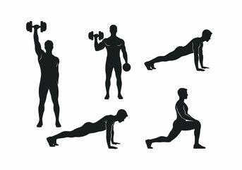Silhouette Vector Art of a Man Exercising with Dumbbells in Various Poses