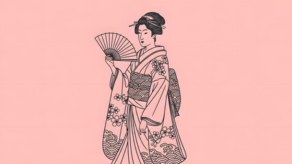 Graceful illustration of a traditional Japanese woman in a beautiful kimono, delicately holding an ornate fan against a soft background