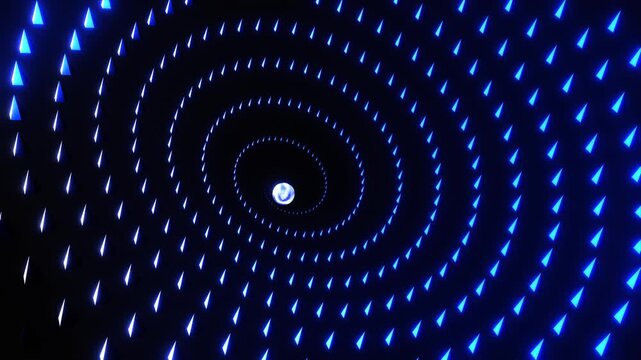 Countless blue reflective pentagonal pyramids pack tightly into a long, coiling spiral, dynamically sculpting intricate patterns as they rotate.
