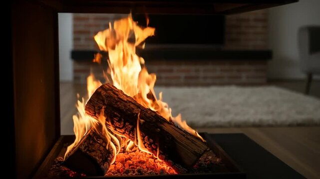 firewood crackling in fireplace, warm cozy tones, commercial home interior look, high contrast texture, perfect for winter solstice