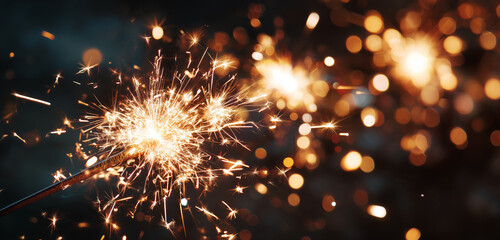 Obraz premium close-up of a blurred background with bokeh lights and sparklers in the foreground, symbolizing a celebration for new year's eve or other events.