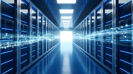 A futuristic data center corridor illuminates with digital light, representing secure server technology and modern information storage solutions.