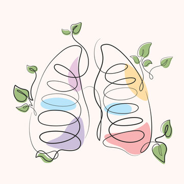 Lungs with growing plants one line drawing. Lungs with growing plants single line illustration. Lungs with growing plants minimalist line art