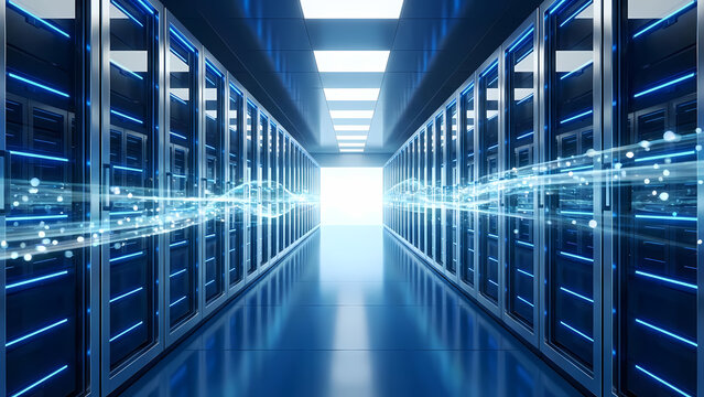 A futuristic data center corridor illuminates with digital light, representing secure server technology and modern information storage solutions. - Powered by Adobe