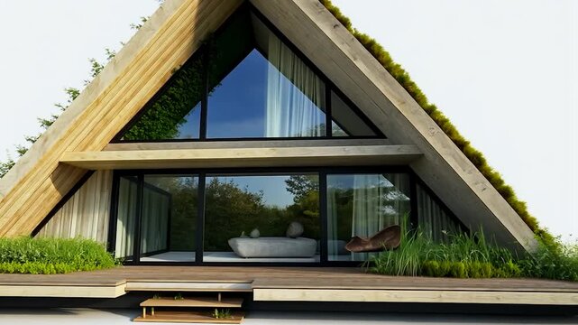 Wooden A-Frame House with Green Roof