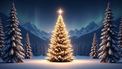 Illuminated Christmas Tree in Snowy Forest with Aurora Borealis glowing lights