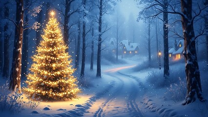 Illuminated Christmas Tree in Snowy Forest with Cozy Houses and Path decorated lights