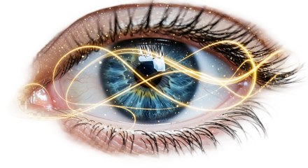 Human eye with golden energy waves isolated on transparent background