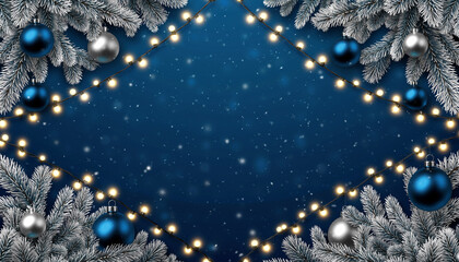 Festive Blue Christmas Frame with Snowflakes and Ornaments, Perfect for Holiday Greetings and Winter Designs