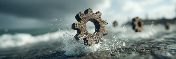 Weathered industrial gears half-submerged in powerful ocean waves, battered by the elements under a turbulent, dramatic sky, illustrating the relentless forces of nature