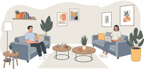 Modern living room workspace illustration, people working on laptops, home office environment, remote work concept, cozy interior design with plants and decor