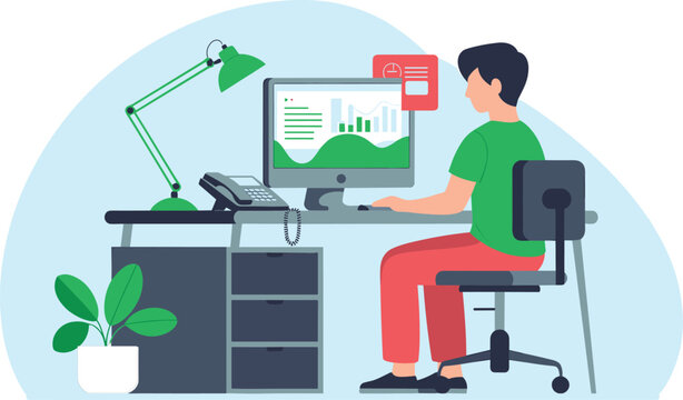 Modern home office workspace illustration, person working at computer desk, remote work concept, digital productivity setup, professional workstation graphic design