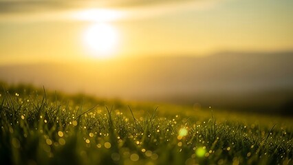 Golden Sunrise Over Dewy Green Grass Field With Blurred Hills dawn morning