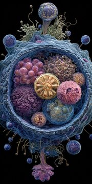 Advanced cellular ultrastructure featuring cytoplasmic organelles, microtubules, mitochondria, endomembrane system, and dynamic cytoskeleton for biomedical research