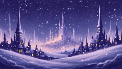 Enchanted winter castle city under a starry night sky fantasy snow