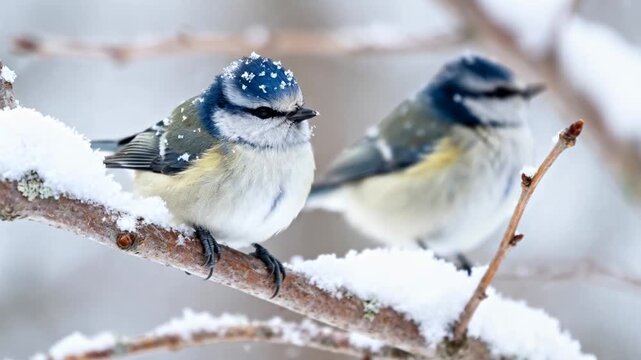 small birds perched on snowy branches, natural colors, shallow depth, wildlife friendly composition, perfect for winter solstice