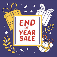 Bold square sign announcing an end of year sale with vibrant colors