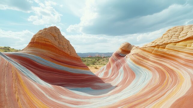 Eroded rock formation with colorful layers under a blue sky and fluffy clouds - Powered by Adobe