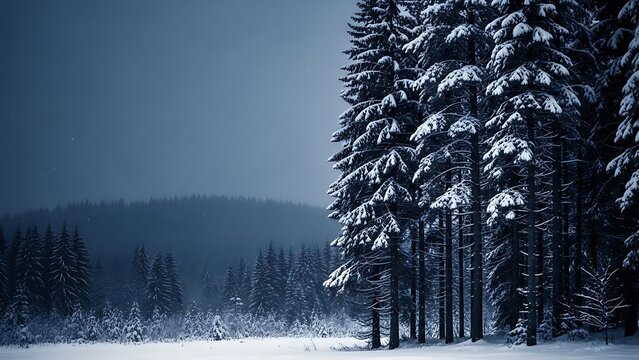 Dark winter forest with snow covered pine trees and fog image photo