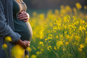 Pregnant woman in a field of yellow flowers during sunset