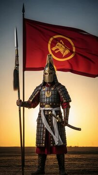 Ancient warrior in elaborate lamellar armor and distinctive helmet, holding a spear and sword, standing proudly with a red flag featuring a golden wolf emblem at sunset.