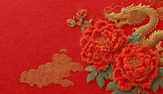 red background, a golden dragon with floral decoration on the right side of the red wall, a high-end atmosphere, a festive and joyful spring festival theme.