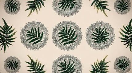 Fern Fronds And Lace Circles Pattern On Beige