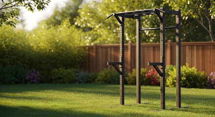 Empty black outdoor pull-up bar setup in a lush green backyard with a wooden fence for a home workout concept and active lifestyle on a sunny day