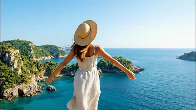 A woman with her arms outstretched stands on a cliff overlooking a scenic ocean bay. She is wearing a sun hat and a white dress.