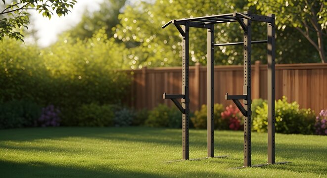 Empty black outdoor pull-up bar setup in a lush green backyard with a wooden fence for a home workout concept and active lifestyle on a sunny day - Powered by Adobe