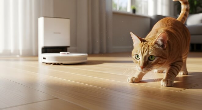 Ginger cat observing a robot vacuum cleaner in a bright modern home for smart living concept and domestic pet interaction