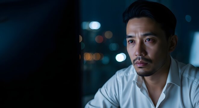 Asian businessman staring intently at computer screen with tired red eyes late at night for an overwork concept and corporate stress - Powered by Adobe