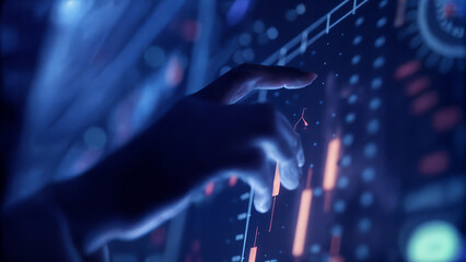 Hand interacting with holographic digital interface, representing artificial intelligence dashboards, data visualization, advanced analytics, machine intelligence control systems, and futuristic inter