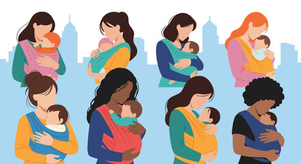 Diverse mothers bond with their babies in slings against a city skyline background.