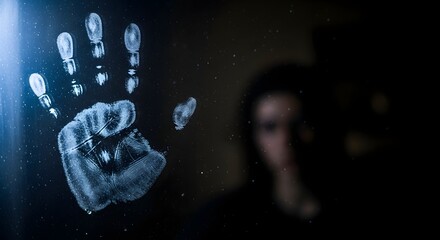 Eerie blue handprint appearing on a dark glass surface with a blurred figure behind for a mystery concept and psychological drama