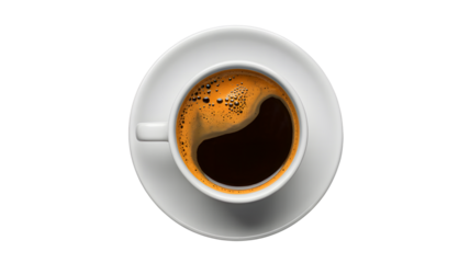 Top view of a white ceramic cup filled with dark aromatic espresso coffee with crema on a saucer isolated on transparent background