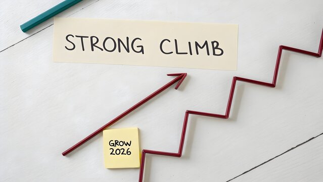 Diagram of strong growth and upward climb with business arrow