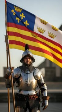 Medieval armored man holding a polearm, standing proudly with a historical heraldic flag featuring fleur-de-lis and crowns against a clear sky.