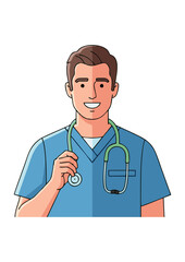 Fototapeta premium Vector illustration of a friendly male doctor or nurse wearing blue scrubs and holding a stethoscope, a smiling healthcare professional character