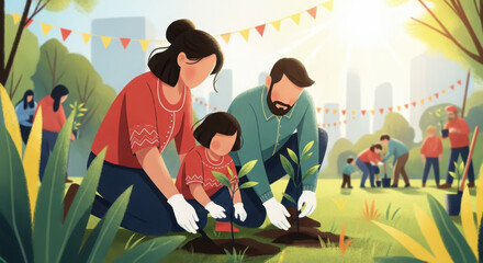 A family planting a tree for a greener future, celebrating the new year 2026 with community action