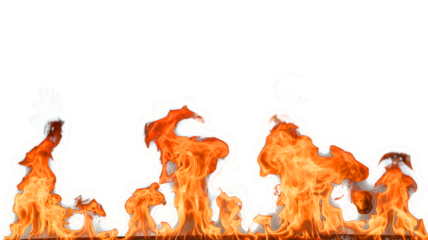 Dynamic orange and yellow flames flicker and dance upwards against a dark background isolated on transparent background