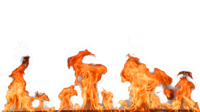 Dynamic orange and yellow flames flicker and dance upwards against a dark background isolated on transparent background
