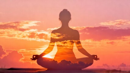 silhouette sunset yoga session concept. Meditative silhouette against a colorful sunset background.