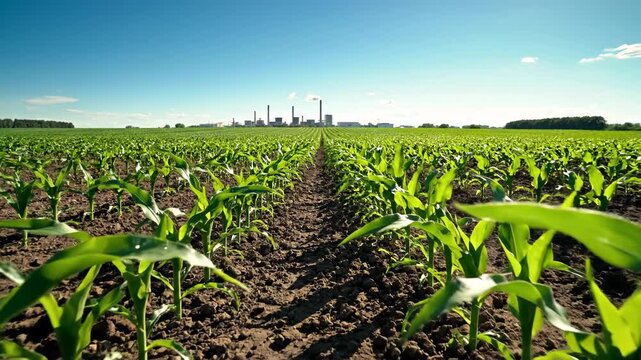 Cornfield under a blue sky and smokestacks of a factory in the distance, agriculture