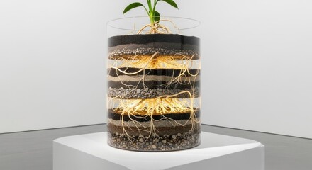 Cross section of soil layers with plant roots and green sprout.