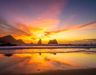 Vibrant sunset over ocean reflecting on wet beach sand, with distant rock formations