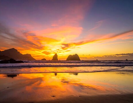 Vibrant sunset over ocean reflecting on wet beach sand, with distant rock formations