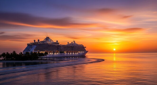 Cruise ship sailing into a vibrant sunset on the ocean.